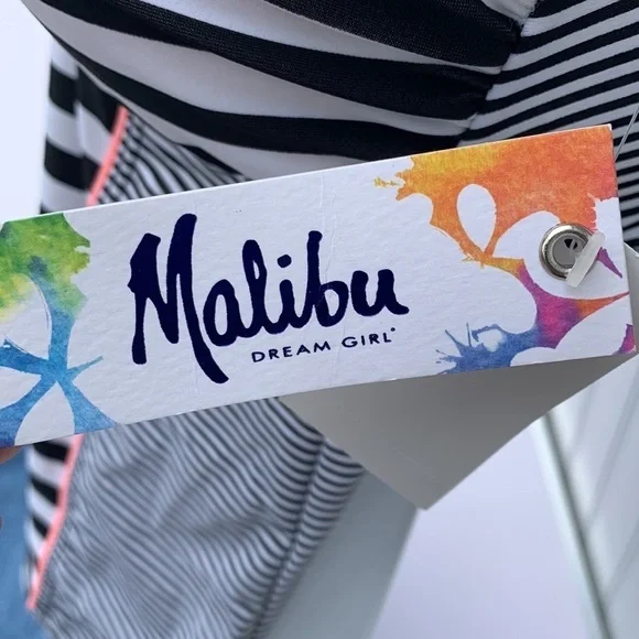 NWT MALIBU DREAMGIRL BLACK  WHITE STRIPED PINK DETAIL HALTER TOP SWIMSUIT MEDIUM - Picture 5 of 8